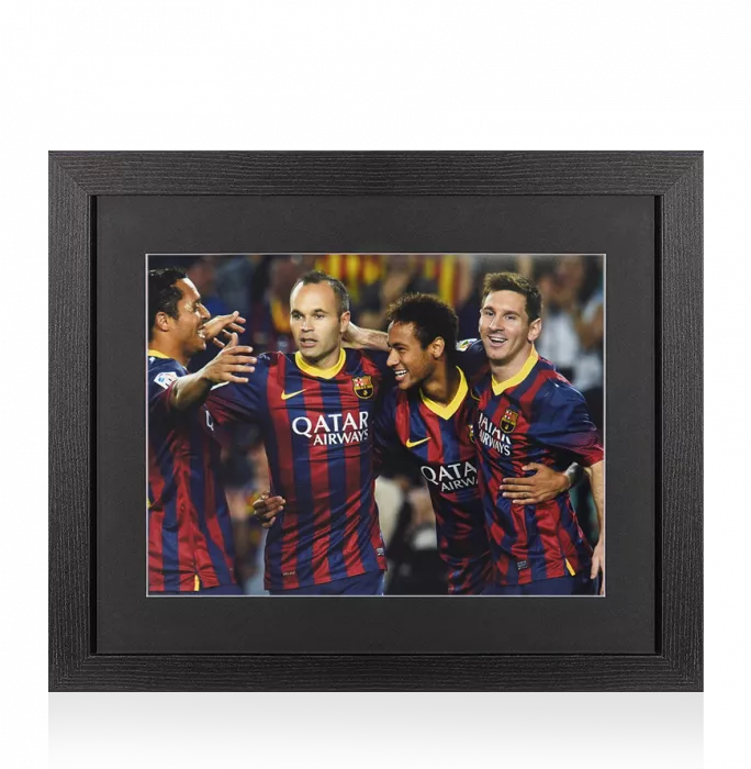 UNSIGNED FC Barcelona Photo In Black Wooden Frame: Lionel Messi Neymar Jr Andres Iniesta & Adriano Celebration