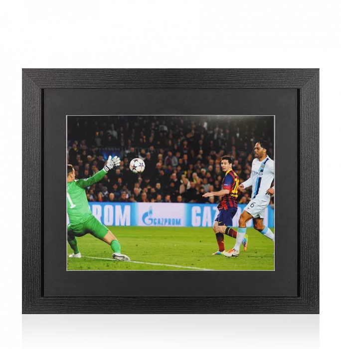 UNSIGNED Lionel Messi Photo In Black Wooden Frame: UEFA Champions League Goal v Manchester City