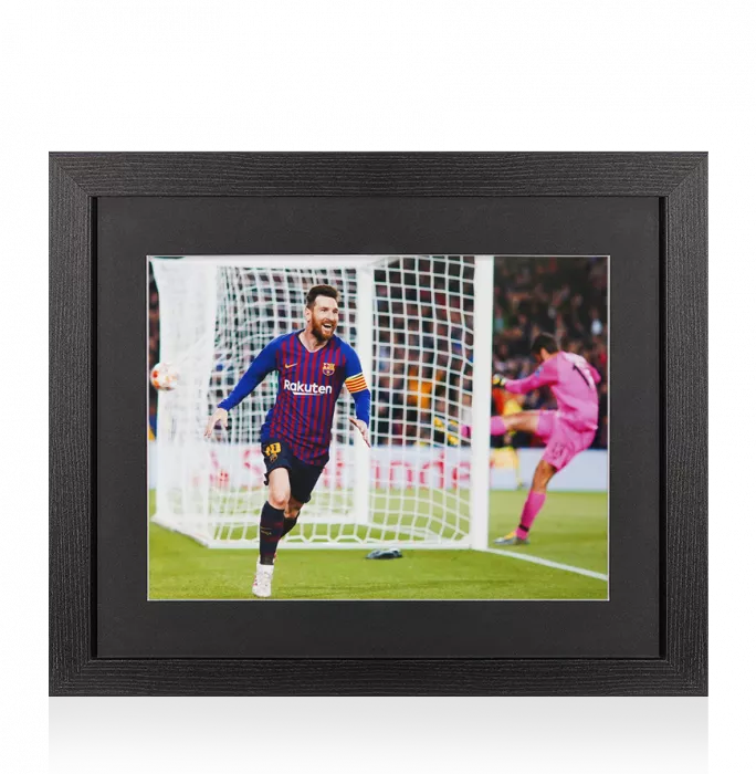 UNSIGNED Lionel Messi Photo In Black Wooden Frame: FC Barcelona Captain's Celebration