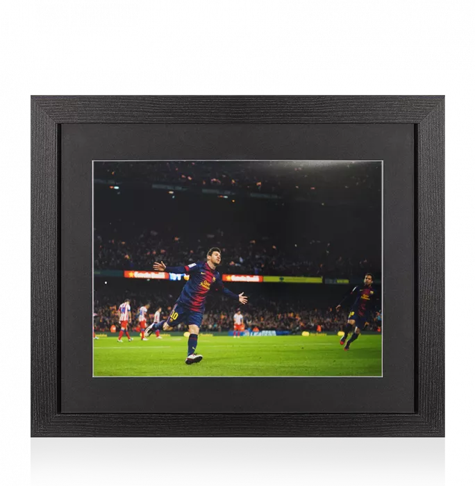 UNSIGNED Lionel Messi Photo In Black Wooden Frame: FC Barcelona Arms Out Celebration