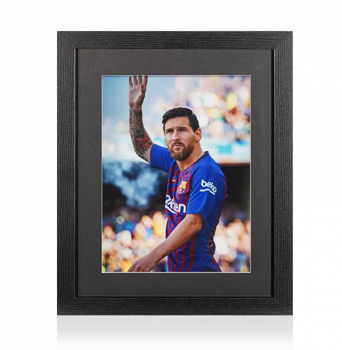UNSIGNED Lionel Messi Photo In Black Wooden Frame: FC Barcelona Wave