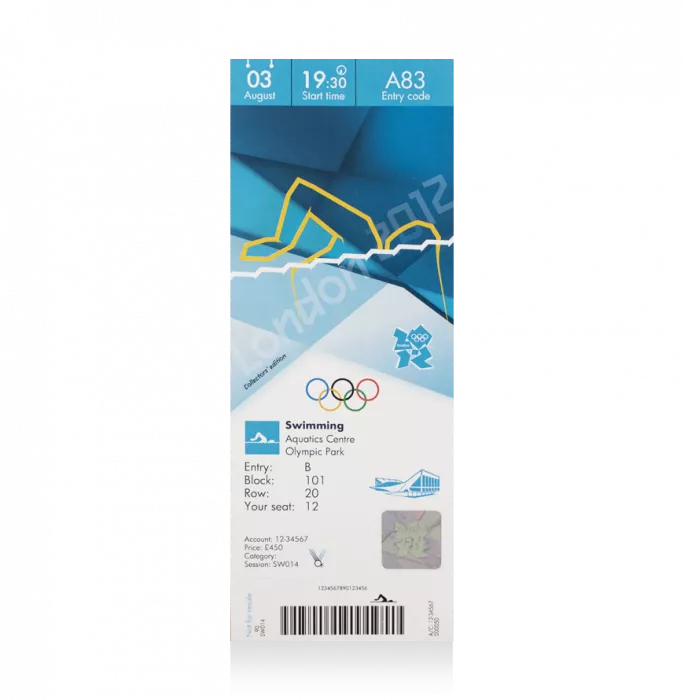 UNSIGNED London 2012 Olympics Ticket: Swimming August 3rd (M 100m Butterfly – Phelps; W 800 Freestyle – Adlington Bronze)