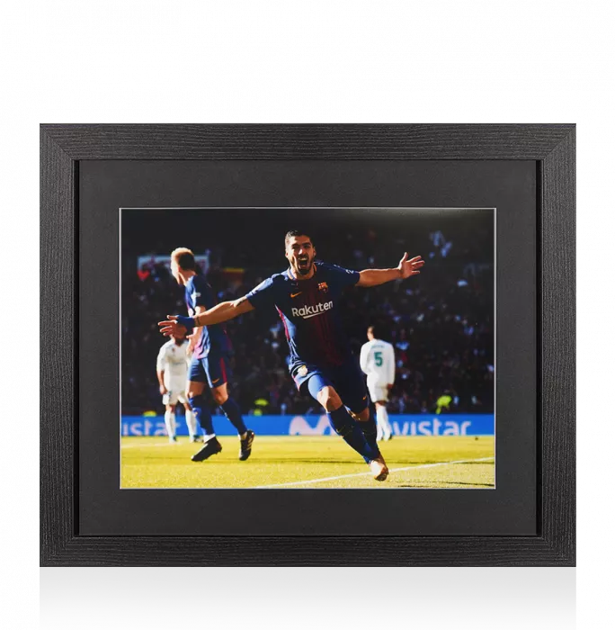 UNSIGNED Luis Suarez Photo In Black Wooden Frame: FC Barcelona Arms Out Celebration vs Real Madrid