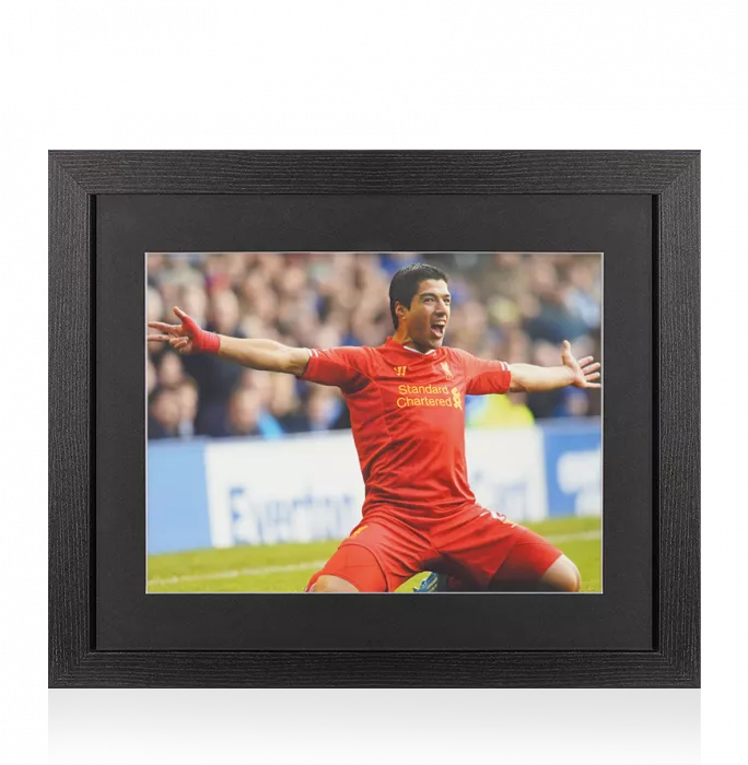 UNSIGNED Luis Suarez Photo In Black Wooden Frame: Liverpool FC Knee Slide Celebration