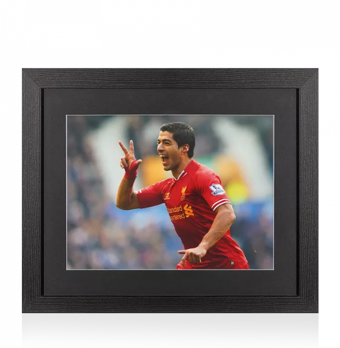 UNSIGNED Luis Suarez Photo In Black Wooden Frame: Liverpool FC Famous Celebration