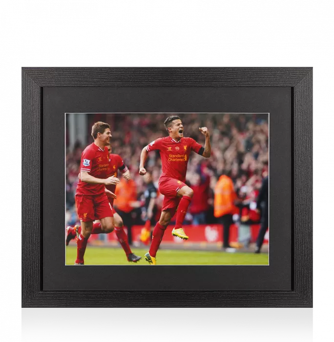 UNSIGNED Philippe Coutinho Photo In Black Wooden Frame: Liverpool FC Punching The Air