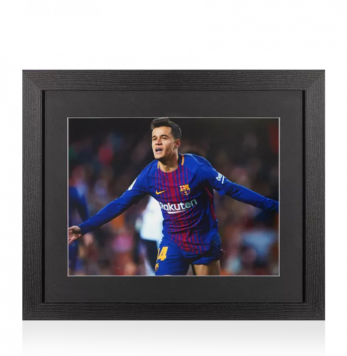 UNSIGNED Philippe Coutinho Photo In Black Wooden Frame: FC Barcelona Arms Out Celebration