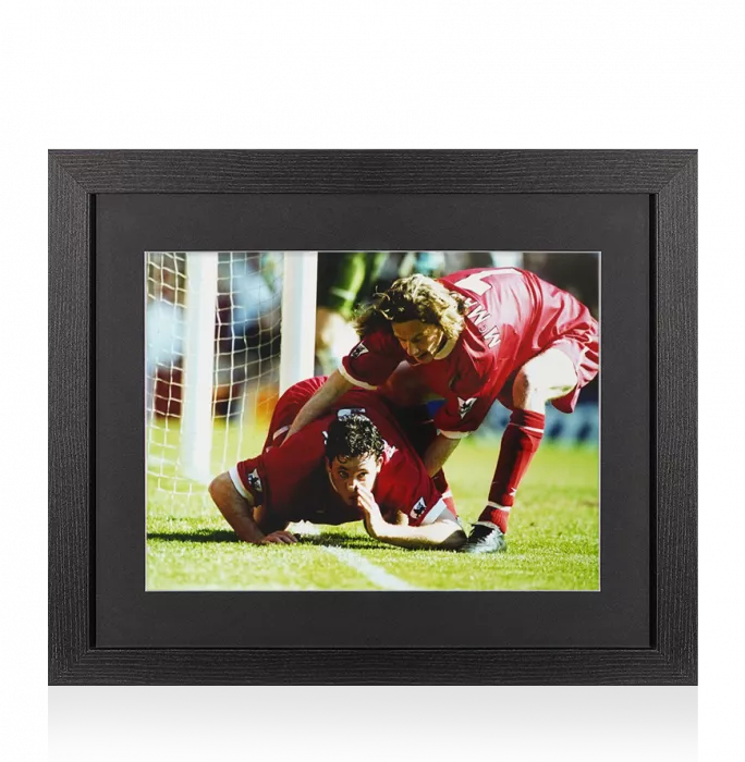 UNSIGNED Robbie Fowler Photo In Black Wooden Frame: Nose To Ground Liverpool FC Celebration