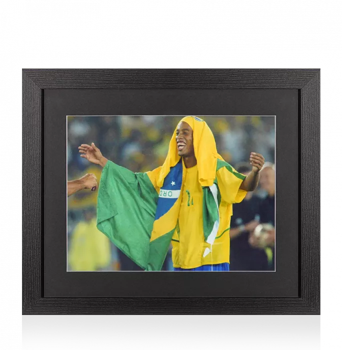 UNSIGNED Ronaldinho Photo In Black Wooden Frame: Draped in Brazil Flag Celebration