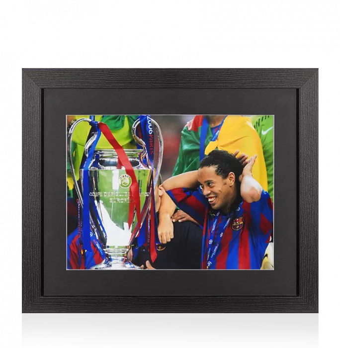 UNSIGNED Ronaldinho Photo In Black Wooden Frame: FC Barcelona UEFA Champions League Tropy 2006