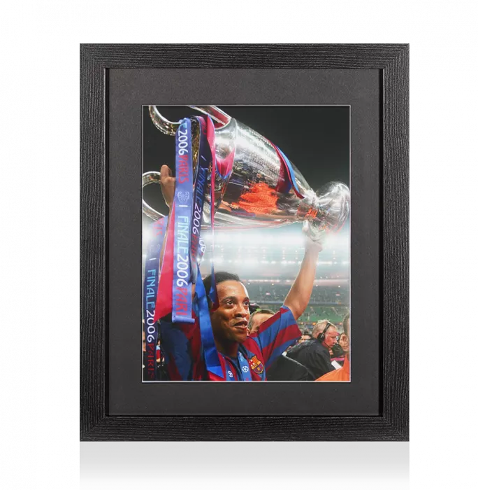 UNSIGNED Ronaldinho Photo In Black Wooden Frame: FC Barcelona UEFA Champions League Trophy Aloft
