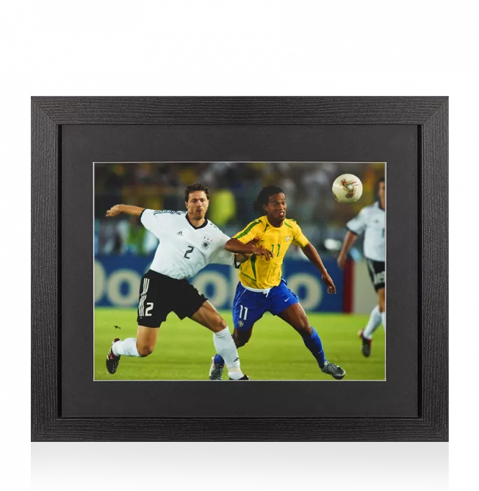 UNSIGNED Ronaldinho Photo In Black Wooden Frame: In Action Vs Germany 2002 World Cup