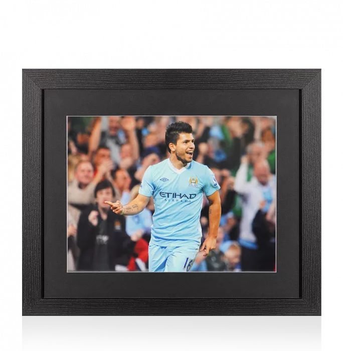 UNSIGNED Sergio Aguero Photo In Black Wooden Frame: Manchester City 2011-12 Celebration