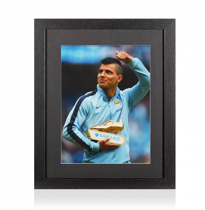 UNSIGNED Sergio Aguero Photo In Black Wooden Frame: Premier League Golden Boot Winner