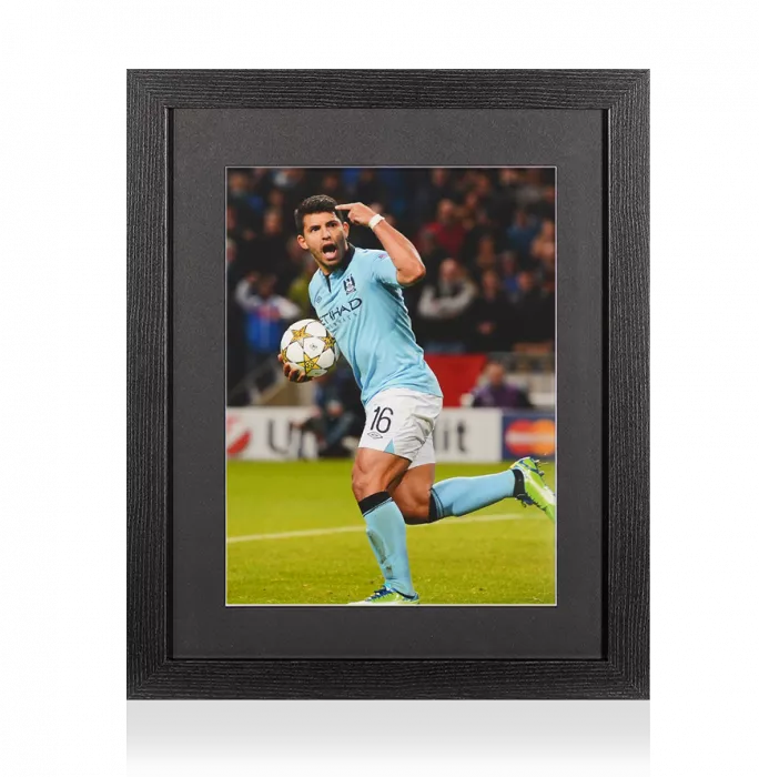UNSIGNED Sergio Aguero Photo In Black Wooden Frame: Manchester City 2012-13 UCL Celebration