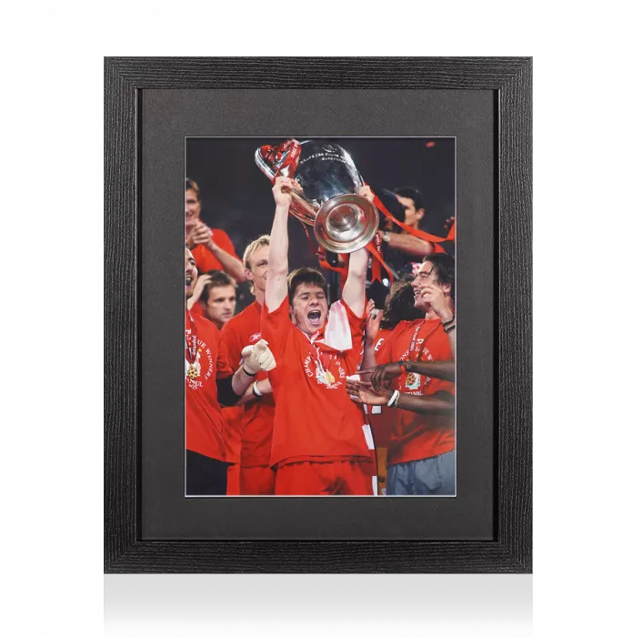 UNSIGNED Xabi Alonso Photo In Black Wooden Frame: Lifting 2005 UEFA Champions League Trophy Liverpool FC