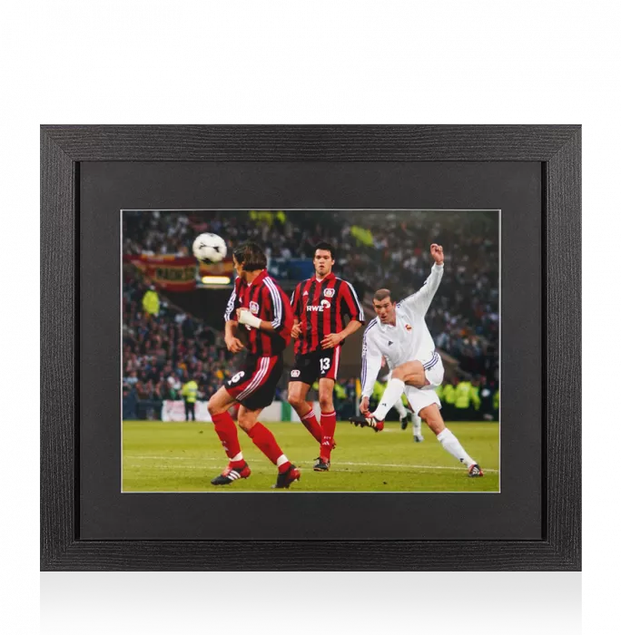 UNSIGNED Zinedine Zidane Photo In Black Wooden Frame: UEFA Champions League Final 2002 Volley vs Bayer Leverkusen