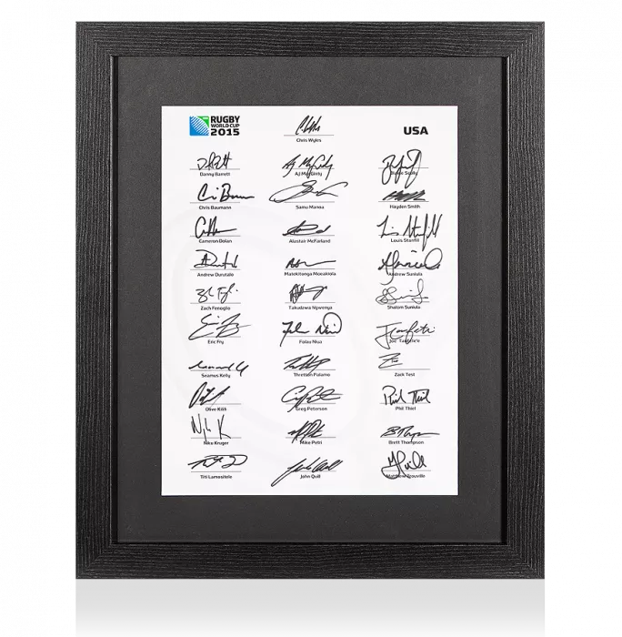 USA Rugby World Cup 2015 Squad Signed Card In Black Wooden Frame: Signed By 31
