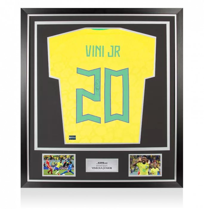 Vinicius Jr Back Signed Brazil 2022 Home Shirt with Fan Style Numbers In Classic Frame