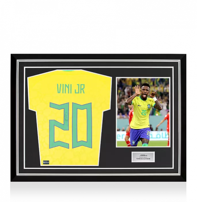 Vinicius Jr Back Signed Brazil 2022 Home Shirt with Fan Style Numbers In Hero Frame: Option 1
