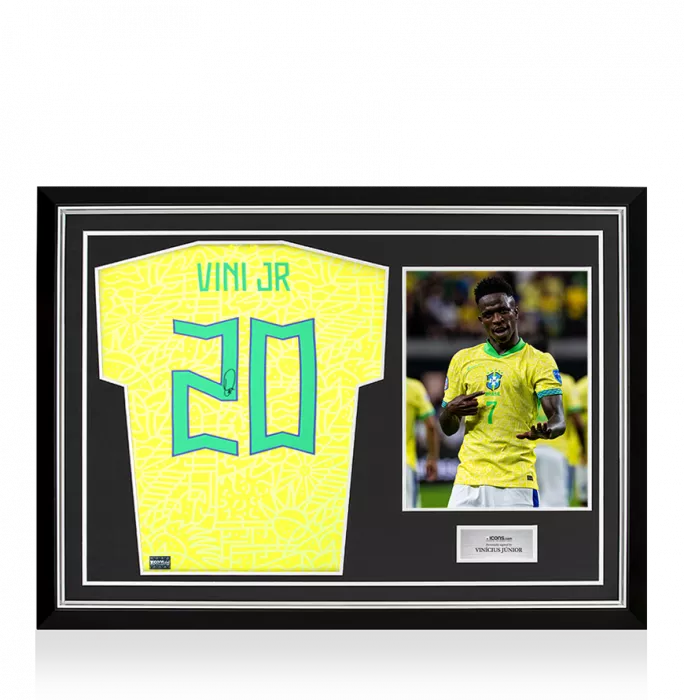 Vinicius Jr. Back Signed Brazil 2024 Home Shirt with Fan Style Numbers In Hero Frame: Option 1