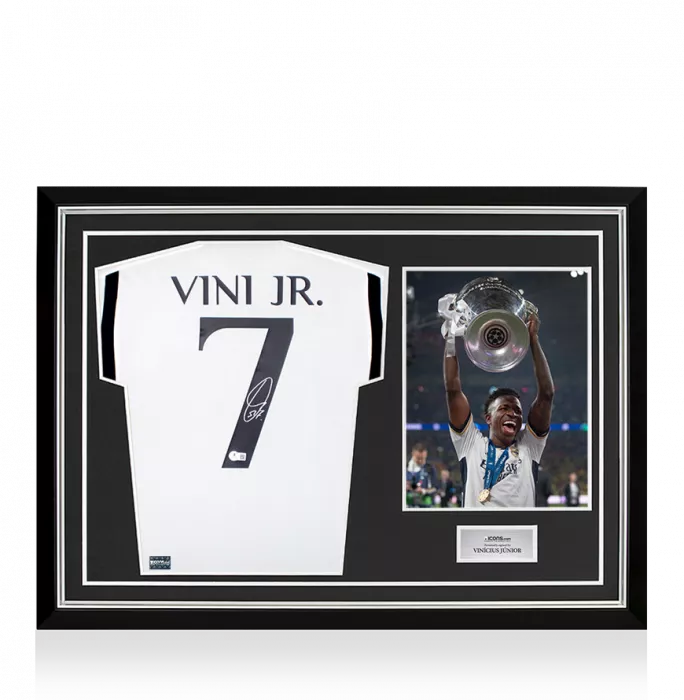 Vinicius Jr Back Signed Real Madrid 2023-24 Home Shirt In Hero Frame: Option 1