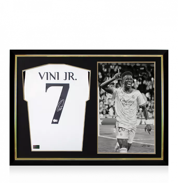 Vinicius Jr Back Signed Real Madrid 2023-24 Home Shirt and Original Artwork In Hero Frame: Limited Edition 1/1