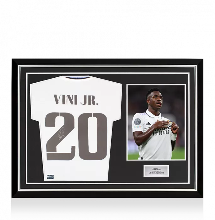 Vinicius Jr Back Signed Real Madrid CF 2022-23 Home Shirt with Fan Style Numbers In Hero Frame: Option 1
