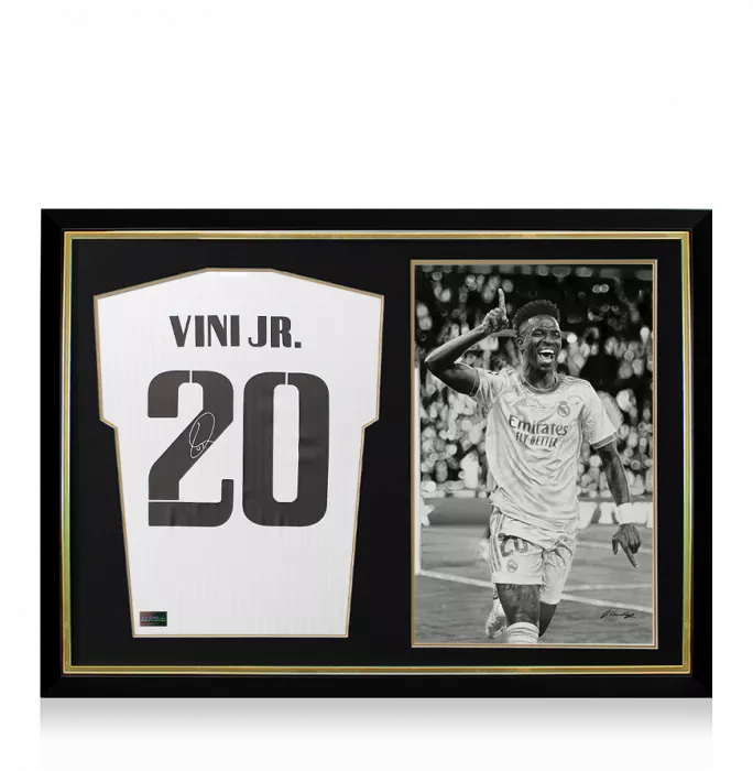 Vinicius Jr Back Signed Real Madrid Modern Home Shirt and Original Artwork In Hero Frame: Limited Edition 1/1