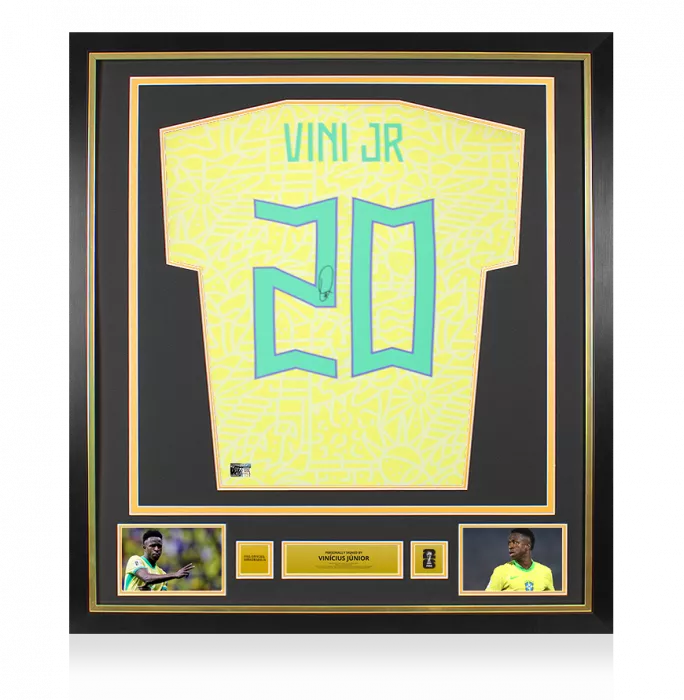 Vinicius Jr Official 2026 FIFA World Cup™ Back Signed and Framed Brazil 2024 Home Shirt with Fan Style Numbers