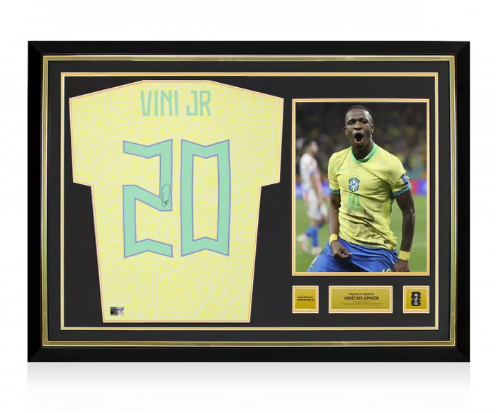 Vinicius Jr Official 2026 FIFA World Cup™ Back Signed and Hero Framed Brazil 2024 Home Shirt with Fan Style Numbers
