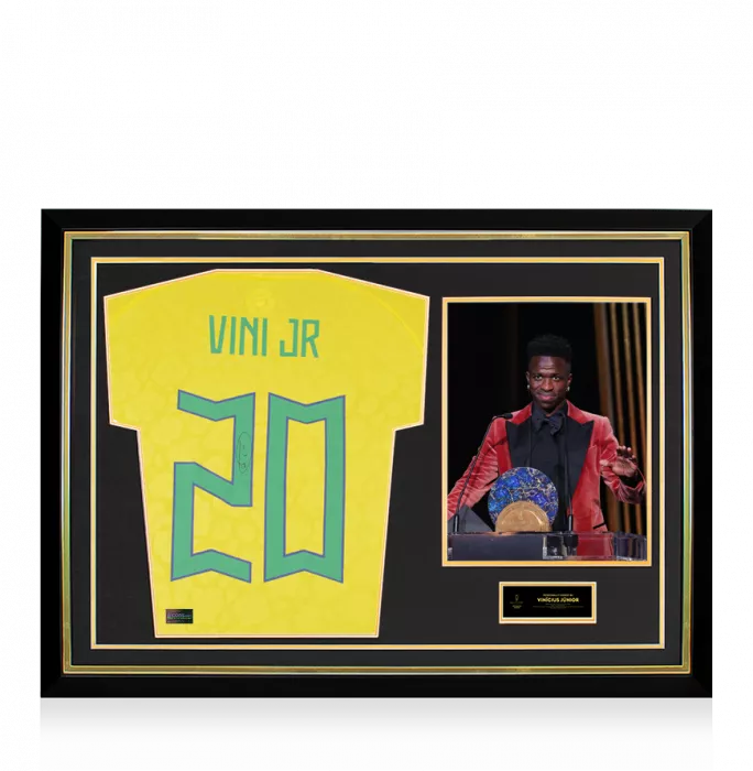 Vinicius Jr. Official Ballon d'Or™ Back Signed and Hero Framed Brazil 2022 Home Shirt with Fan Style Numbers: 2023 Sócrates Award Winner