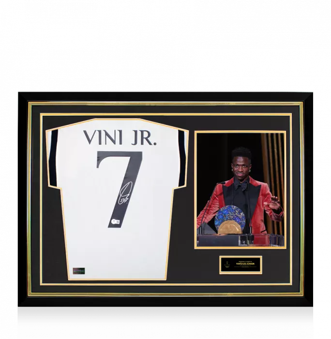 Vinicius Jr. Official Ballon d'Or™ Back Signed and Hero Framed Real Madrid CF 2023-24 Home Shirt: 2023 Sócrates Award Winner