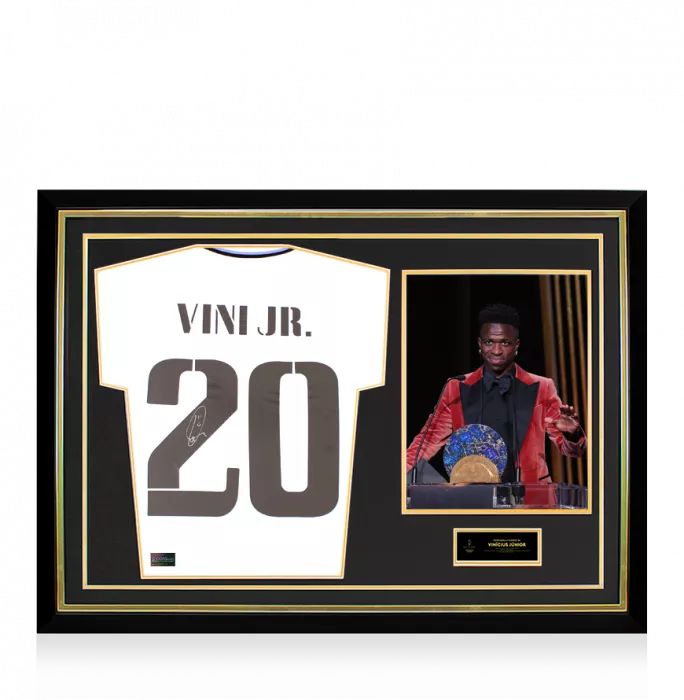 Vinicius Jr. Official Ballon d'Or™ Back Signed and Hero Framed Real Madrid CF 2022-23 Home Shirt with Fan Style Numbers: 2023 Sócrates Award Winner