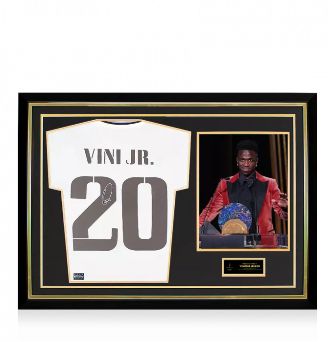 Vinicius Jr Official Ballon d'Or™ Back Signed and Hero Framed Real Madrid CF 2022-23 Home Shirt: 2023 Sócrates Award Winner