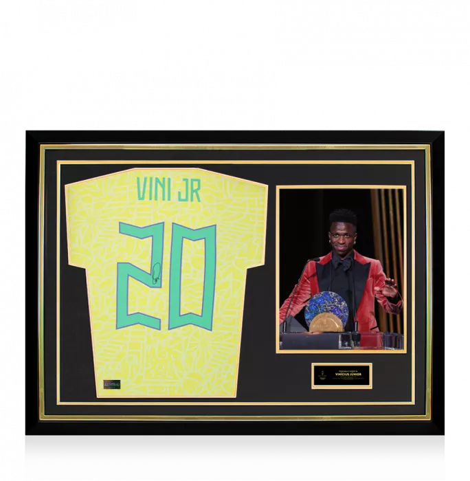 Vinicius Jr. Official Ballon d'Or™ Back Signed and Hero Framed Brazil 2024 Home Shirt with Fan Style Numbers: 2023 Sócrates Award Winner
