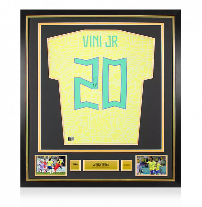 Vinicius Jr Official FIFA World Cup™ Back Signed and Framed Brazil 2024 Home Shirt with Fan Style Numbers