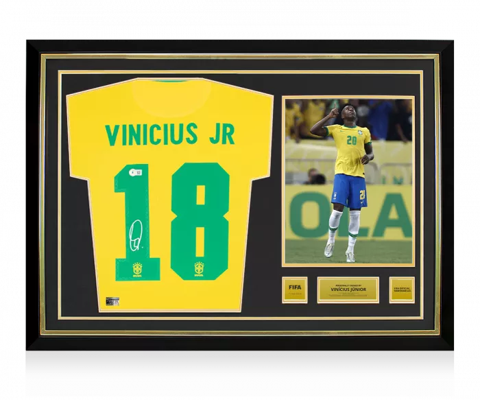 Vinicius Jr Official FIFA World Cup™ Back Signed And Hero Framed Brazil 2020-21 Home Shirt