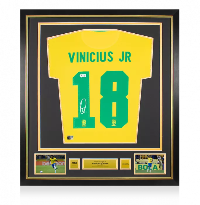 Vinicius Jr Official FIFA World Cup™ Back Signed and Framed Brazil 2020-21 Home Shirt