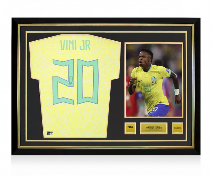 Vinicius Jr Official FIFA World Cup™ Back Signed and Hero Framed Brazil 2024 Home Shirt with Fan Style Numbers