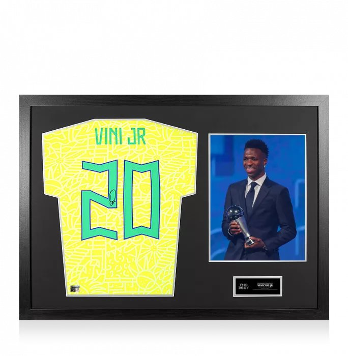 Vinicius Jr Official The Best FIFA Football Awards™ Back Signed and Framed Brazil 2024 Home Shirt with Fan Style Numbers: 2024 Winner