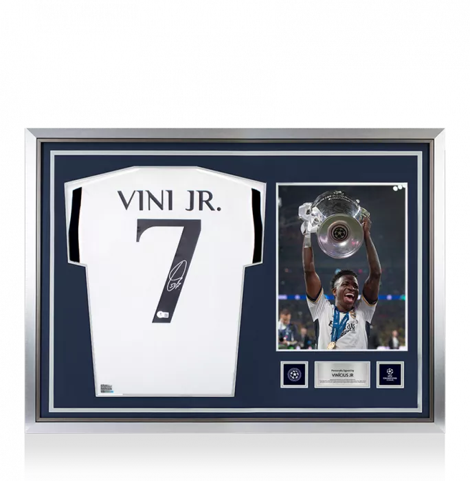 Vinicius Jr Official UEFA Champions League Back Signed and Hero Framed Real Madrid 2023-24 Home Shirt