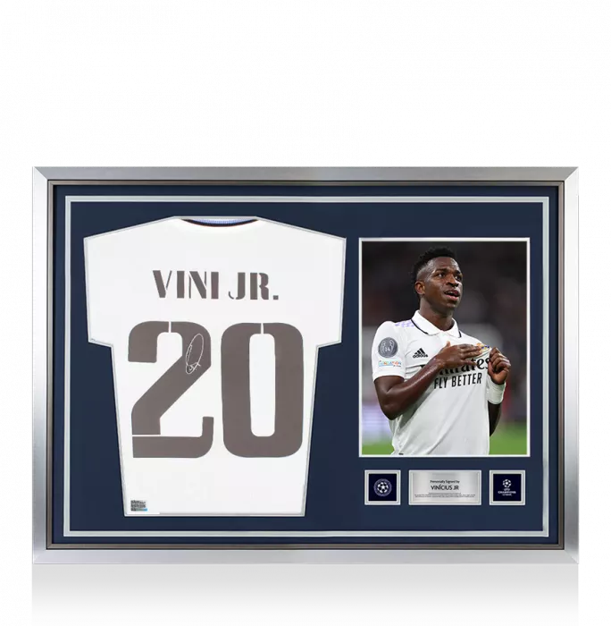Vinicius Jr Official UEFA Champions League Back Signed and Hero Framed Real Madrid 2022-23 Home Shirt