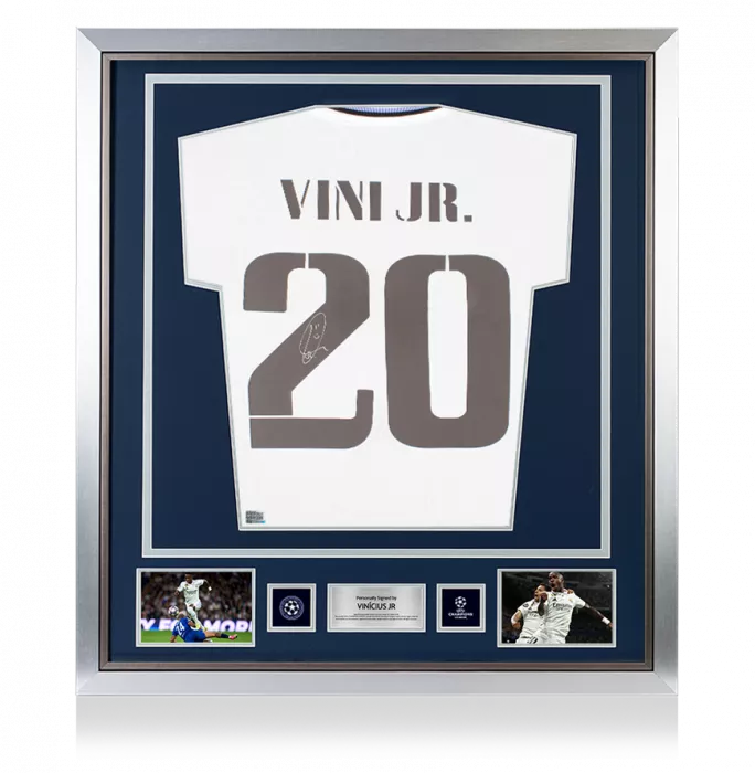 Vinicius Jr Official UEFA Champions League Back Signed And Framed Real Madrid CF 2022-23 Home Shirt With Fan Style Numbers