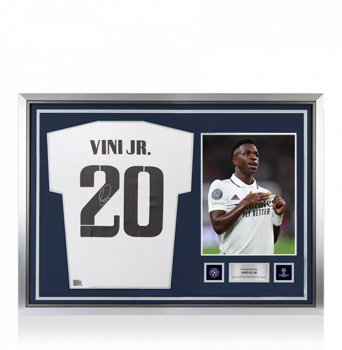 Vinicius Jr Official UEFA Champions League Back Signed and Hero Framed Real Madrid Modern Home Shirt