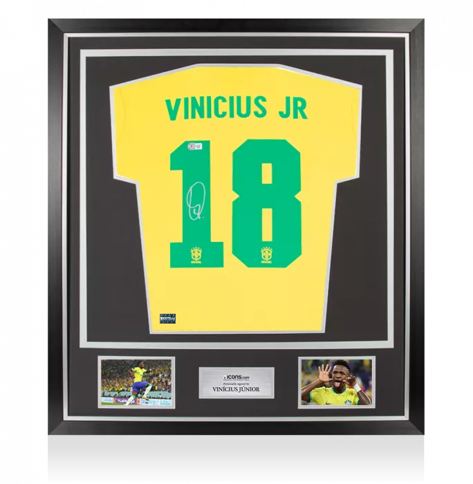Vinicius Junior Back Signed Brazil Retro Shirt In Classic Frame