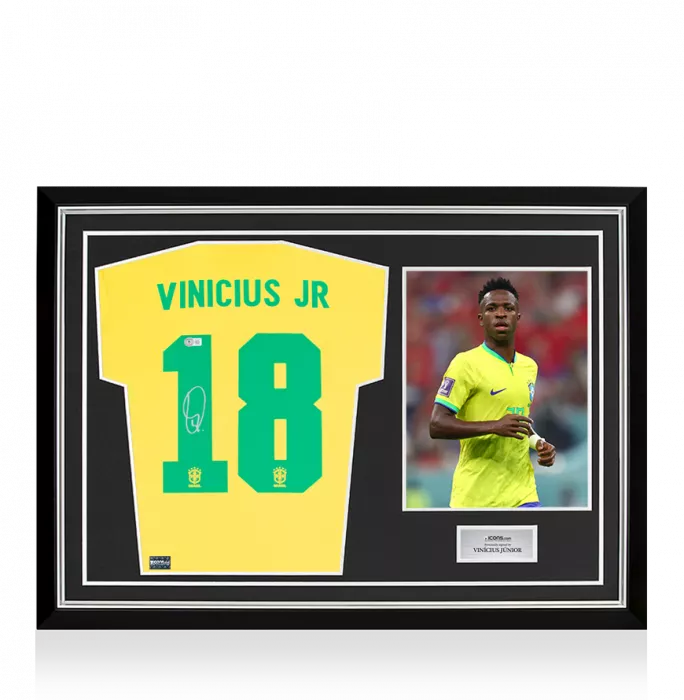 Vinicius Junior Back Signed Brazil Retro Shirt In Hero Frame: Option 1