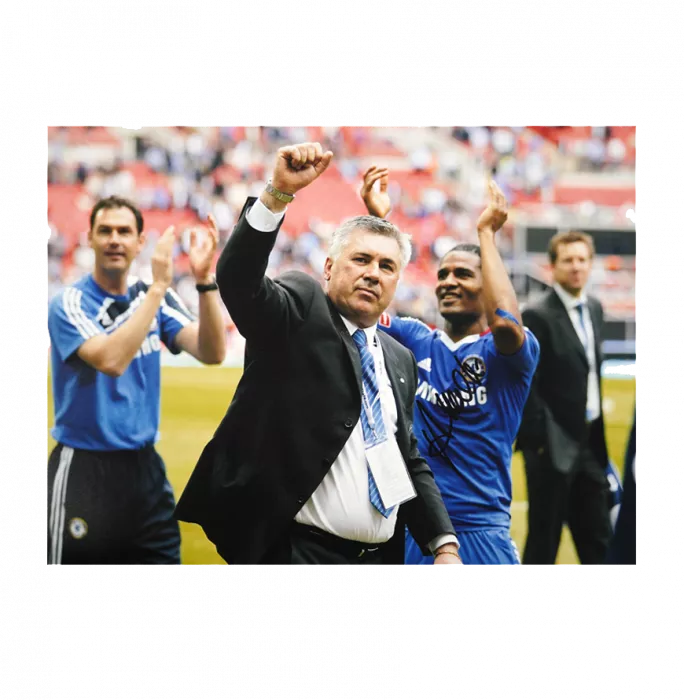 WAREHOUSE SECONDS Carlo Ancelotti Signed Chelsea Photo: Punching Air - Light Scratches - GRADE A