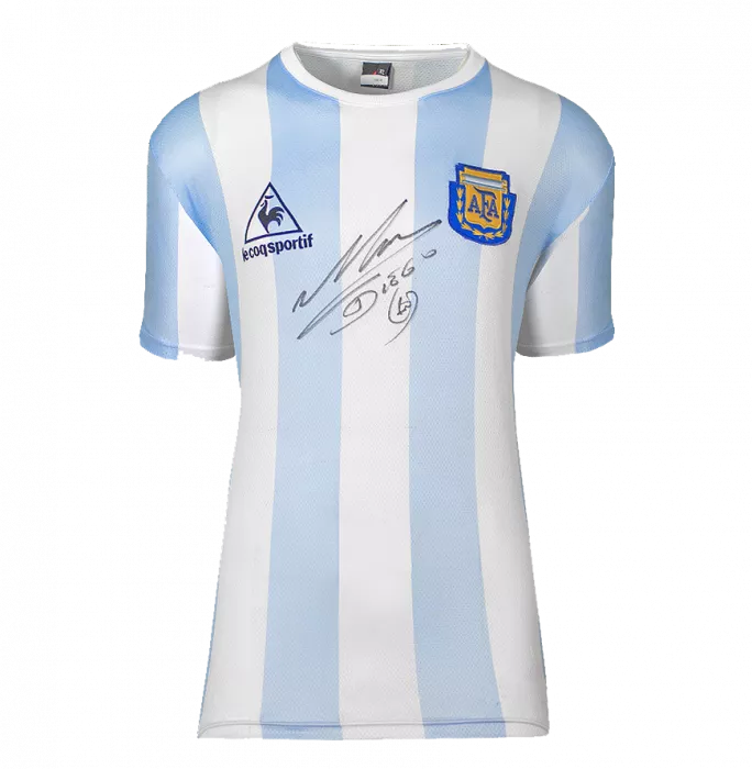 WAREHOUSE SECONDS Diego Maradona Front Signed Retro Le Coq Sportif Argentina Home Shirt - Grade B