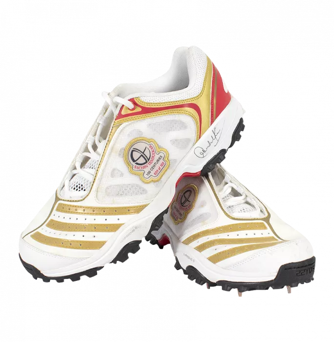 WAREHOUSE SECONDS Sachin Tendulkar Signed White Red And Gold Adidas Cricket Spikes: "100 Centuries" Limited Edition